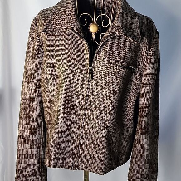 Vintage Herringbone Wool Blend Cropped Zip Up Blazer Size 10 Chocolate Brown - Picture 2 of 10